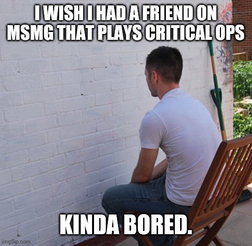 Bored | I WISH I HAD A FRIEND ON MSMG THAT PLAYS CRITICAL OPS; KINDA BORED. | image tagged in bored | made w/ Imgflip meme maker