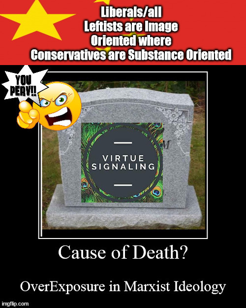 Virtue SIGNALING - The BIGest LIE | Liberals/all Leftists are Image Oriented where Conservatives are Substance Oriented | image tagged in virtue signalling,the big lie,evil,define terms | made w/ Imgflip meme maker