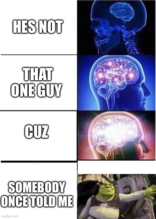 Yeah we all know | HES NOT; THAT ONE GUY; CUZ; SOMEBODY ONCE TOLD ME | image tagged in memes,expanding brain | made w/ Imgflip meme maker