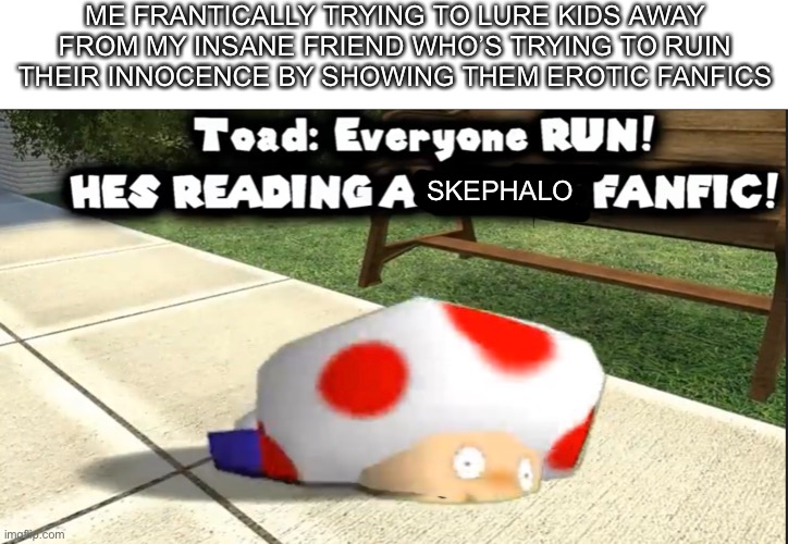 Kids stay away from that man | ME FRANTICALLY TRYING TO LURE KIDS AWAY FROM MY INSANE FRIEND WHO’S TRYING TO RUIN THEIR INNOCENCE BY SHOWING THEM EROTIC FANFICS; SKEPHALO | image tagged in skephalo,smg4,toad,memes | made w/ Imgflip meme maker