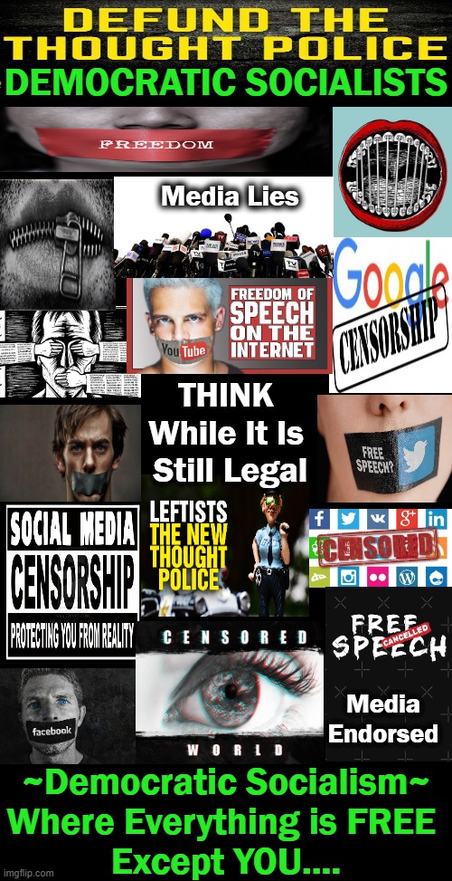 Dems Believe in Freedom of Speech Unless They Disagree, It Offends Them, or It Is True! | DEMOCRATIC SOCIALISTS; Media Lies; THINK 
While It Is 
Still Legal; Media Endorsed; ~Democratic Socialism~
Where Everything is FREE 
Except YOU.... | image tagged in political meme,democratic socialism,free speech,censorship,biased media,thought police | made w/ Imgflip meme maker