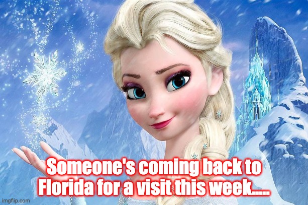 Elsa |  Someone's coming back to Florida for a visit this week..... | image tagged in elsa frozen,florida,hurricane | made w/ Imgflip meme maker