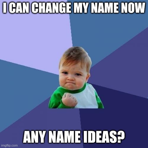 Success Kid Meme | I CAN CHANGE MY NAME NOW; ANY NAME IDEAS? | image tagged in memes,success kid | made w/ Imgflip meme maker