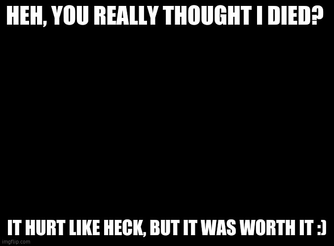 O H F R I C K | HEH, YOU REALLY THOUGHT I DIED? IT HURT LIKE HECK, BUT IT WAS WORTH IT :) | image tagged in blank black | made w/ Imgflip meme maker