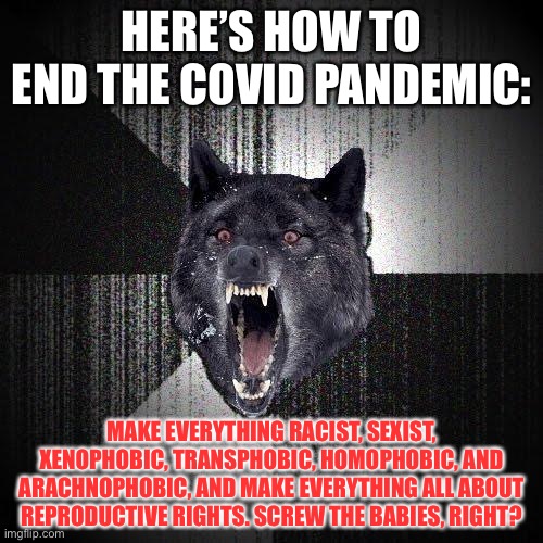 COVID pandemic ends when virtue signaling intensifies | HERE’S HOW TO END THE COVID PANDEMIC:; MAKE EVERYTHING RACIST, SEXIST, XENOPHOBIC, TRANSPHOBIC, HOMOPHOBIC, AND ARACHNOPHOBIC, AND MAKE EVERYTHING ALL ABOUT REPRODUCTIVE RIGHTS. SCREW THE BABIES, RIGHT? | image tagged in memes,insanity wolf,covid,racist,transgender,gay jokes | made w/ Imgflip meme maker