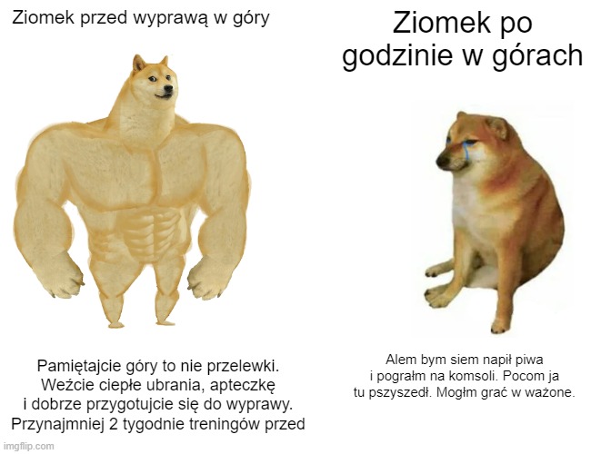 Buff Doge vs. Cheems Meme | Ziomek przed wyprawą w góry; Ziomek po godzinie w górach; Pamiętajcie góry to nie przelewki. Weźcie ciepłe ubrania, apteczkę i dobrze przygotujcie się do wyprawy. Przynajmniej 2 tygodnie treningów przed; Alem bym siem napił piwa i pograłm na komsoli. Pocom ja tu pszyszedł. Mogłm grać w ważone. | image tagged in memes,buff doge vs cheems | made w/ Imgflip meme maker
