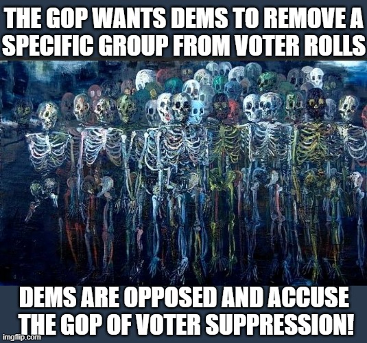 dead democrat voters | THE GOP WANTS DEMS TO REMOVE A
SPECIFIC GROUP FROM VOTER ROLLS; DEMS ARE OPPOSED AND ACCUSE 
THE GOP OF VOTER SUPPRESSION! | image tagged in political humor,democrats,elections,voter fraud,voter suppression,gop | made w/ Imgflip meme maker