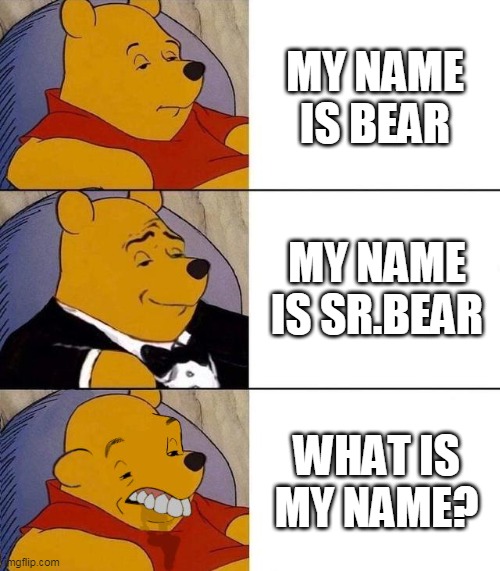 Best,Better, Blurst | MY NAME IS BEAR; MY NAME IS SR.BEAR; WHAT IS MY NAME? | image tagged in best better blurst | made w/ Imgflip meme maker