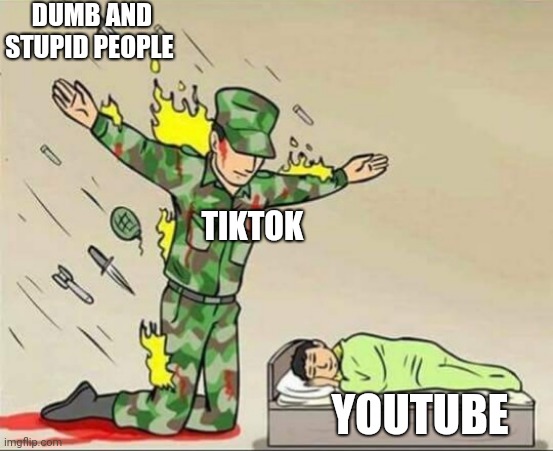 Soldier protecting sleeping child |  DUMB AND STUPID PEOPLE; TIKTOK; YOUTUBE | image tagged in soldier protecting sleeping child | made w/ Imgflip meme maker