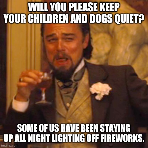 Laughing Leo Meme | WILL YOU PLEASE KEEP YOUR CHILDREN AND DOGS QUIET? SOME OF US HAVE BEEN STAYING UP ALL NIGHT LIGHTING OFF FIREWORKS. | image tagged in memes,laughing leo | made w/ Imgflip meme maker