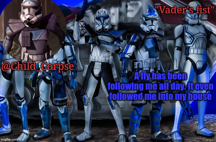 I'm having a lot of fun | A fly has been following me all day. It even followed me into my house | image tagged in child_corpse's 501st template | made w/ Imgflip meme maker