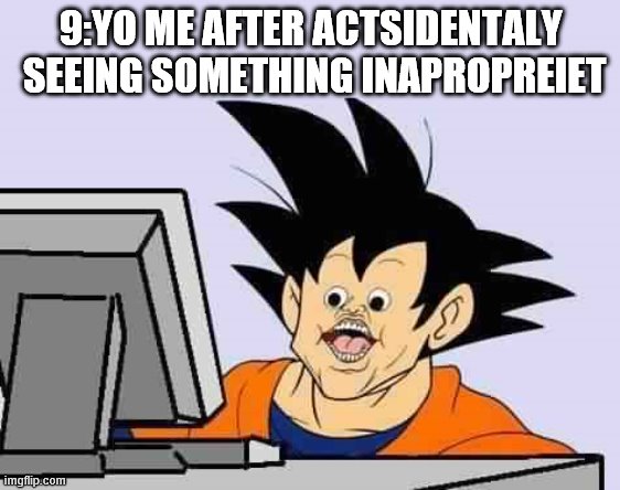 goku on pc | 9:YO ME AFTER ACTSIDENTALY  SEEING SOMETHING INAPROPREIET | image tagged in goku on pc | made w/ Imgflip meme maker