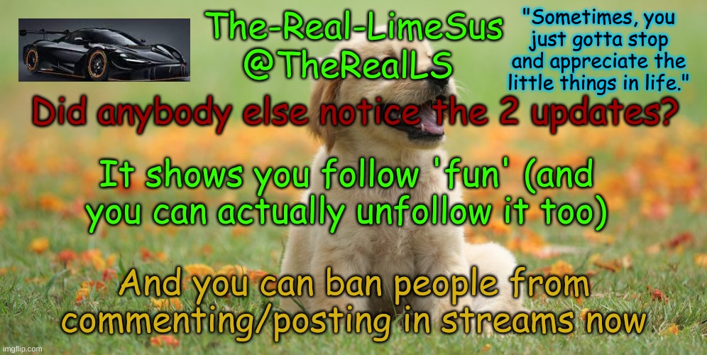 LimeSus Doggo Announcement Temp V1 (4) | Did anybody else notice the 2 updates? It shows you follow 'fun' (and you can actually unfollow it too); And you can ban people from commenting/posting in streams now | image tagged in limesus doggo announcement temp v1 4 | made w/ Imgflip meme maker