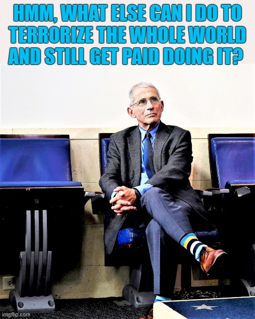 fauci scheming | HMM, WHAT ELSE CAN I DO TO
TERRORIZE THE WHOLE WORLD
AND STILL GET PAID DOING IT? | image tagged in fauci scheming,thinking meme,coronavirus meme,covid 19,terror,new world order | made w/ Imgflip meme maker