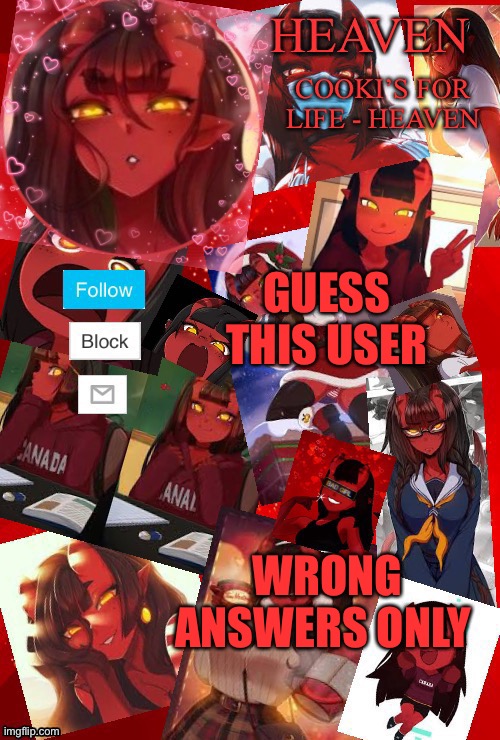 Heaven meru | GUESS THIS USER; WRONG ANSWERS ONLY | image tagged in heaven meru | made w/ Imgflip meme maker