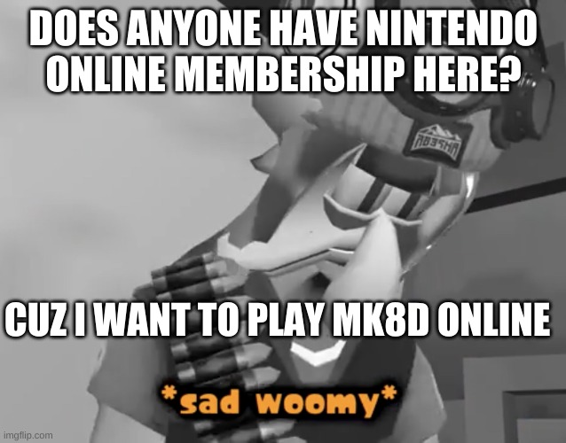 i m b o r e d | DOES ANYONE HAVE NINTENDO  ONLINE MEMBERSHIP HERE? CUZ I WANT TO PLAY MK8D ONLINE | image tagged in sad woomy | made w/ Imgflip meme maker