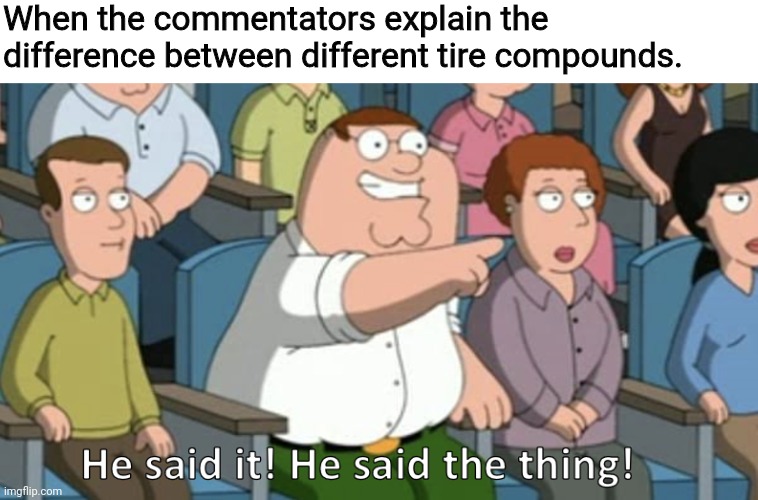 For the motorsport fans. | When the commentators explain the difference between different tire compounds. | image tagged in he said the thing | made w/ Imgflip meme maker
