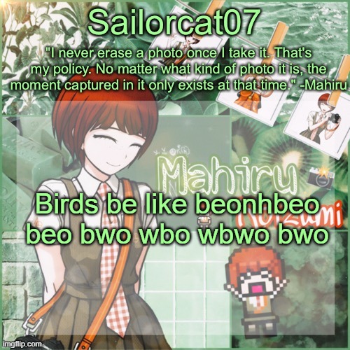 Sailor's Mahiru temp | Birds be like beonhbeo beo bwo wbo wbwo bwo | image tagged in sailor's mahiru temp | made w/ Imgflip meme maker