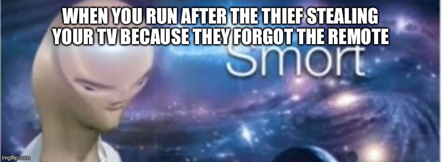 I am smort | WHEN YOU RUN AFTER THE THIEF STEALING YOUR TV BECAUSE THEY FORGOT THE REMOTE | image tagged in meme man smort | made w/ Imgflip meme maker