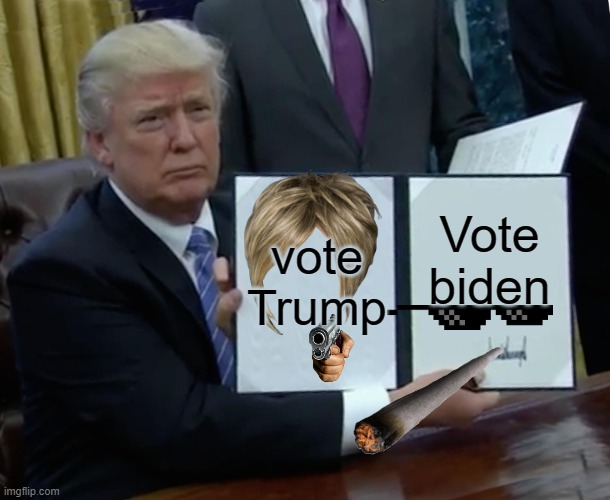 Trump Bill Signing Meme | vote Trump; Vote biden | image tagged in memes,trump bill signing | made w/ Imgflip meme maker