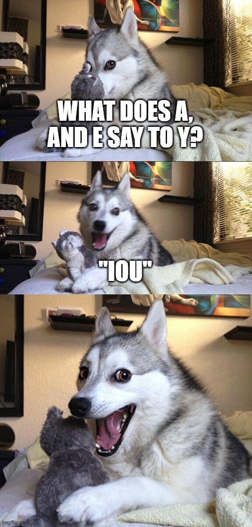 Brain Twister | WHAT DOES A, AND E SAY TO Y? "IOU" | image tagged in memes,bad pun dog | made w/ Imgflip meme maker