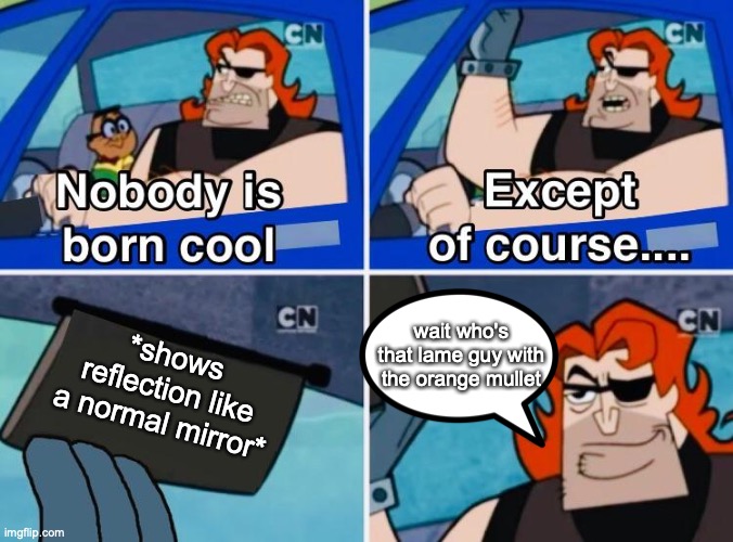 e | wait who's that lame guy with the orange mullet; *shows reflection like a normal mirror* | image tagged in nobody is born cool | made w/ Imgflip meme maker