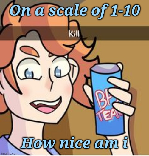 Kill | On a scale of 1-10; How nice am i | image tagged in kill | made w/ Imgflip meme maker