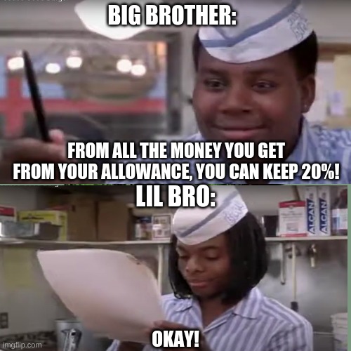 Okay! | BIG BROTHER:; FROM ALL THE MONEY YOU GET FROM YOUR ALLOWANCE, YOU CAN KEEP 20%! LIL BRO:; OKAY! | image tagged in funny memes,money,good,burger | made w/ Imgflip meme maker