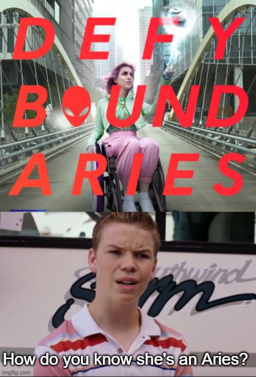 and why should we defy a woman in a wheelchair? | How do you know she's an Aries? | image tagged in defyboundaries,will pouter,wheelchair,scariest things on earth | made w/ Imgflip meme maker