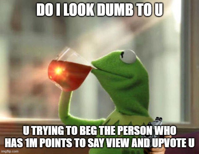 what happens if u beg | DO I LOOK DUMB TO U; U TRYING TO BEG THE PERSON WHO HAS 1M POINTS TO SAY VIEW AND UPVOTE U | image tagged in memes,but that's none of my business neutral | made w/ Imgflip meme maker