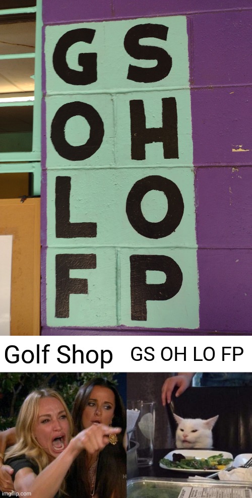 Something I saw and thought would be funny | Golf Shop; GS OH LO FP | image tagged in memes,woman yelling at cat | made w/ Imgflip meme maker
