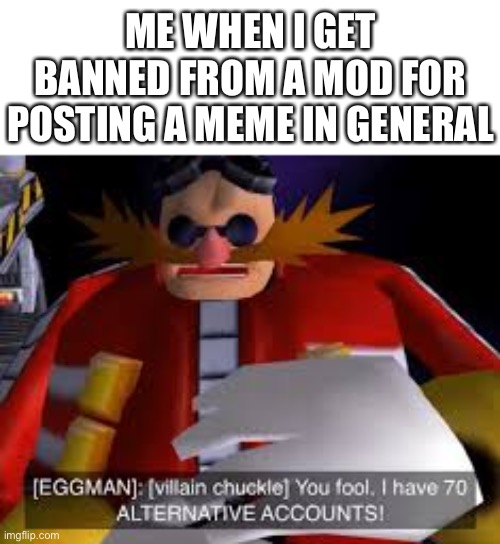 I am invincible | ME WHEN I GET BANNED FROM A MOD FOR POSTING A MEME IN GENERAL | image tagged in eggman alternative accounts | made w/ Imgflip meme maker