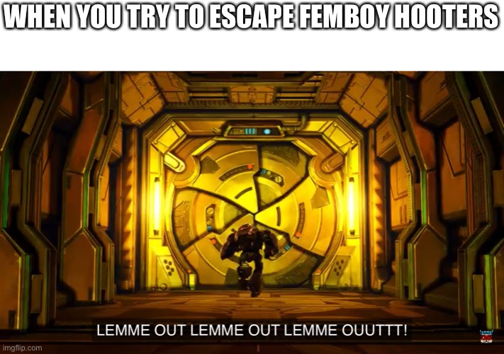 Let me out | WHEN YOU TRY TO ESCAPE FEMBOY HOOTERS | image tagged in let me out | made w/ Imgflip meme maker
