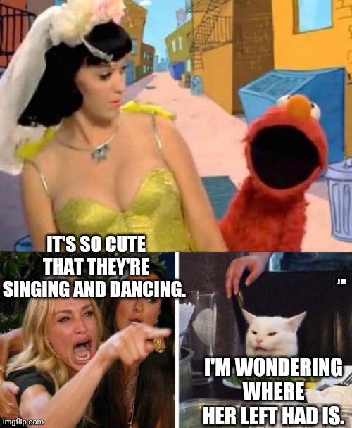 IT'S SO CUTE THAT THEY'RE SINGING AND DANCING. J M; I'M WONDERING WHERE HER LEFT HAD IS. | image tagged in smudge the cat | made w/ Imgflip meme maker