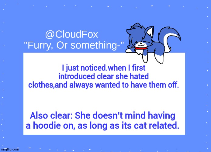 smh | I just noticed.when I first introduced clear she hated clothes,and always wanted to have them off. Also clear: She doesn't mind having a hoodie on, as long as its cat related. | image tagged in the foxo temp | made w/ Imgflip meme maker