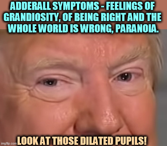 A drug-addicted looney bird. | ADDERALL SYMPTOMS - FEELINGS OF 

GRANDIOSITY, OF BEING RIGHT AND THE 
WHOLE WORLD IS WRONG, PARANOIA. LOOK AT THOSE DILATED PUPILS! | image tagged in trump eyes dilated,adhd,drugs,addiction,paranoia | made w/ Imgflip meme maker