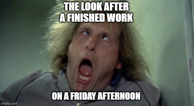 Scary Harry | THE LOOK AFTER A FINISHED WORK; ON A FRIDAY AFTERNOON | image tagged in memes,scary harry | made w/ Imgflip meme maker