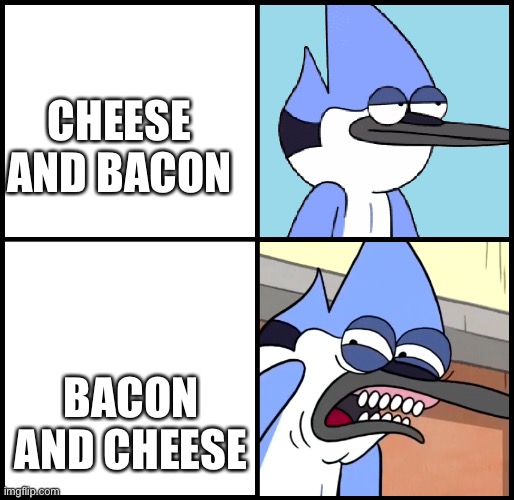 Cheese | CHEESE AND BACON; BACON AND CHEESE | image tagged in mordecai disgusted | made w/ Imgflip meme maker