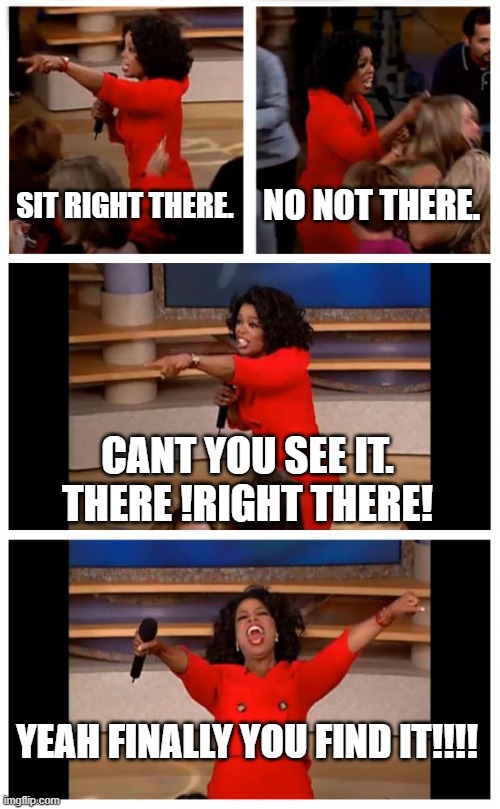 Oprah You Get A Car Everybody Gets A Car Meme | SIT RIGHT THERE. NO NOT THERE. CANT YOU SEE IT. THERE !RIGHT THERE! YEAH FINALLY YOU FIND IT!!!! | image tagged in memes,oprah you get a car everybody gets a car | made w/ Imgflip meme maker