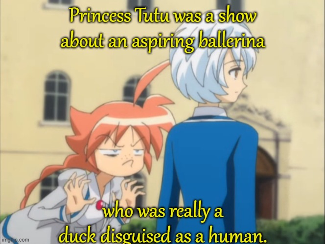 A very beautiful show. |  Princess Tutu was a show about an aspiring ballerina; who was really a duck disguised as a human. | image tagged in surprise,duck,ballerina,fairy tales,anime | made w/ Imgflip meme maker