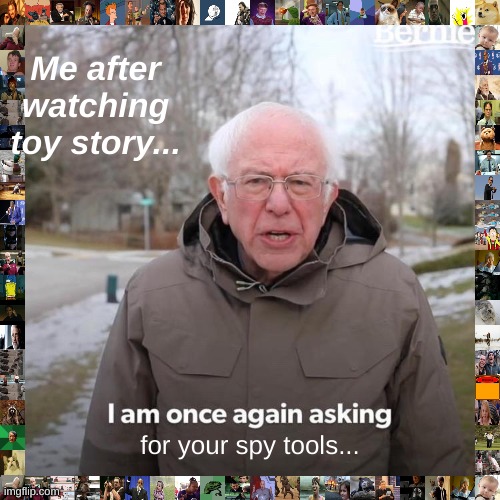 Bernie I Am Once Again Asking For Your Support Meme | Me after watching toy story... for your spy tools... | image tagged in memes,bernie i am once again asking for your support | made w/ Imgflip meme maker