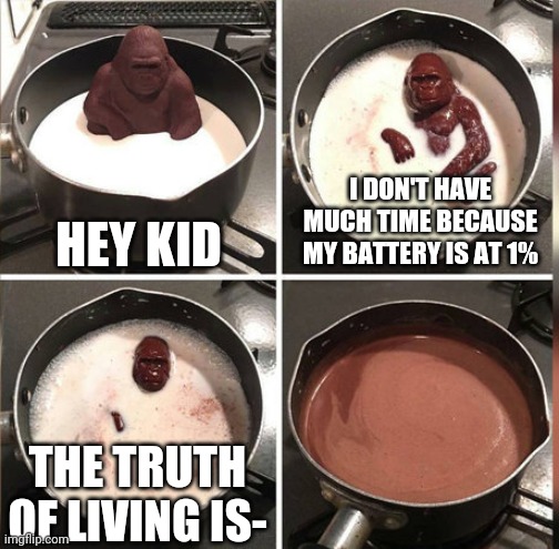 Hey Kid, I don't have much time | HEY KID; I DON'T HAVE MUCH TIME BECAUSE MY BATTERY IS AT 1%; THE TRUTH OF LIVING IS- | image tagged in hey kid i don't have much time | made w/ Imgflip meme maker
