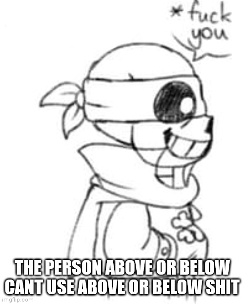 Crossbones fuck you | THE PERSON ABOVE OR BELOW CANT USE ABOVE OR BELOW SHIT | image tagged in crossbones fuck you | made w/ Imgflip meme maker