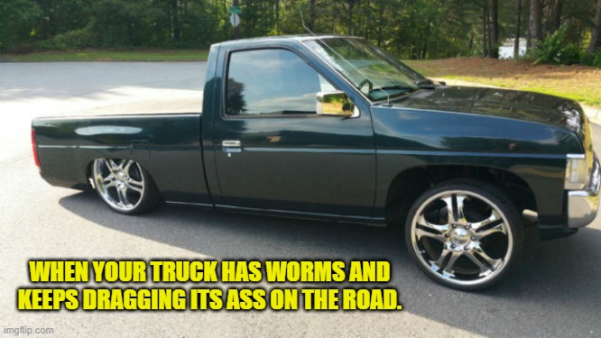 truck with worms | WHEN YOUR TRUCK HAS WORMS AND KEEPS DRAGGING ITS ASS ON THE ROAD. | image tagged in worms,lowrider,truck | made w/ Imgflip meme maker