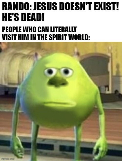 Hey J-dawg, You seeing this? | RANDO: JESUS DOESN'T EXIST!
HE'S DEAD! PEOPLE WHO CAN LITERALLY VISIT HIM IN THE SPIRIT WORLD: | image tagged in mike wazowski face swap,spirit,spirit world,jesus | made w/ Imgflip meme maker