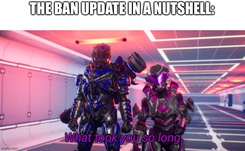What took you so long | THE BAN UPDATE IN A NUTSHELL: | image tagged in what took you so long | made w/ Imgflip meme maker