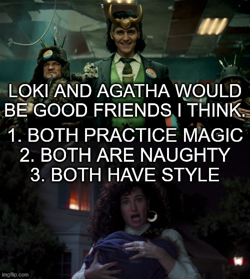 both of them are my favorites. | LOKI AND AGATHA WOULD BE GOOD FRIENDS I THINK. 1. BOTH PRACTICE MAGIC
2. BOTH ARE NAUGHTY
3. BOTH HAVE STYLE | image tagged in wandavision,agatha all along,loki | made w/ Imgflip meme maker