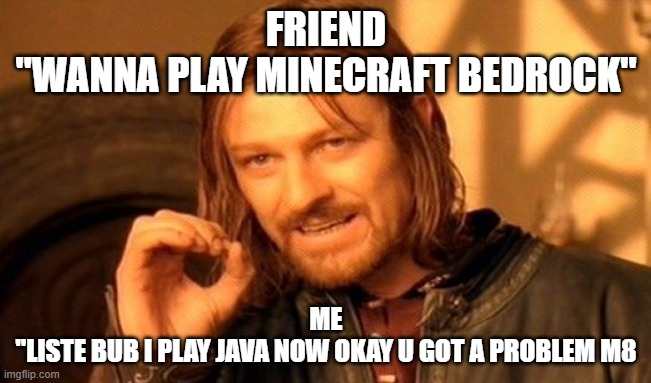 not sure what to say about this meme so dont roast me saying its boring | FRIEND
"WANNA PLAY MINECRAFT BEDROCK"; ME
"LISTE BUB I PLAY JAVA NOW OKAY U GOT A PROBLEM M8 | image tagged in memes,one does not simply | made w/ Imgflip meme maker
