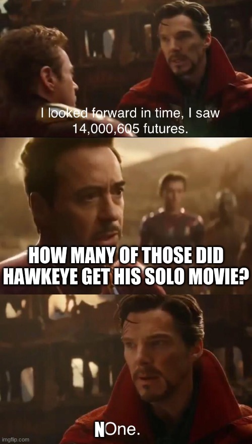 Dr. Strange’s Futures | HOW MANY OF THOSE DID HAWKEYE GET HIS SOLO MOVIE? N | image tagged in dr strange s futures | made w/ Imgflip meme maker