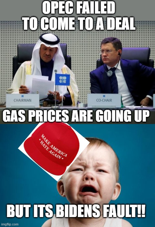 Cue maga/fox news whines in 3, 2,.... | OPEC FAILED TO COME TO A DEAL; GAS PRICES ARE GOING UP; BUT ITS BIDENS FAULT!! | image tagged in memes,opec,gas,maga,politics | made w/ Imgflip meme maker